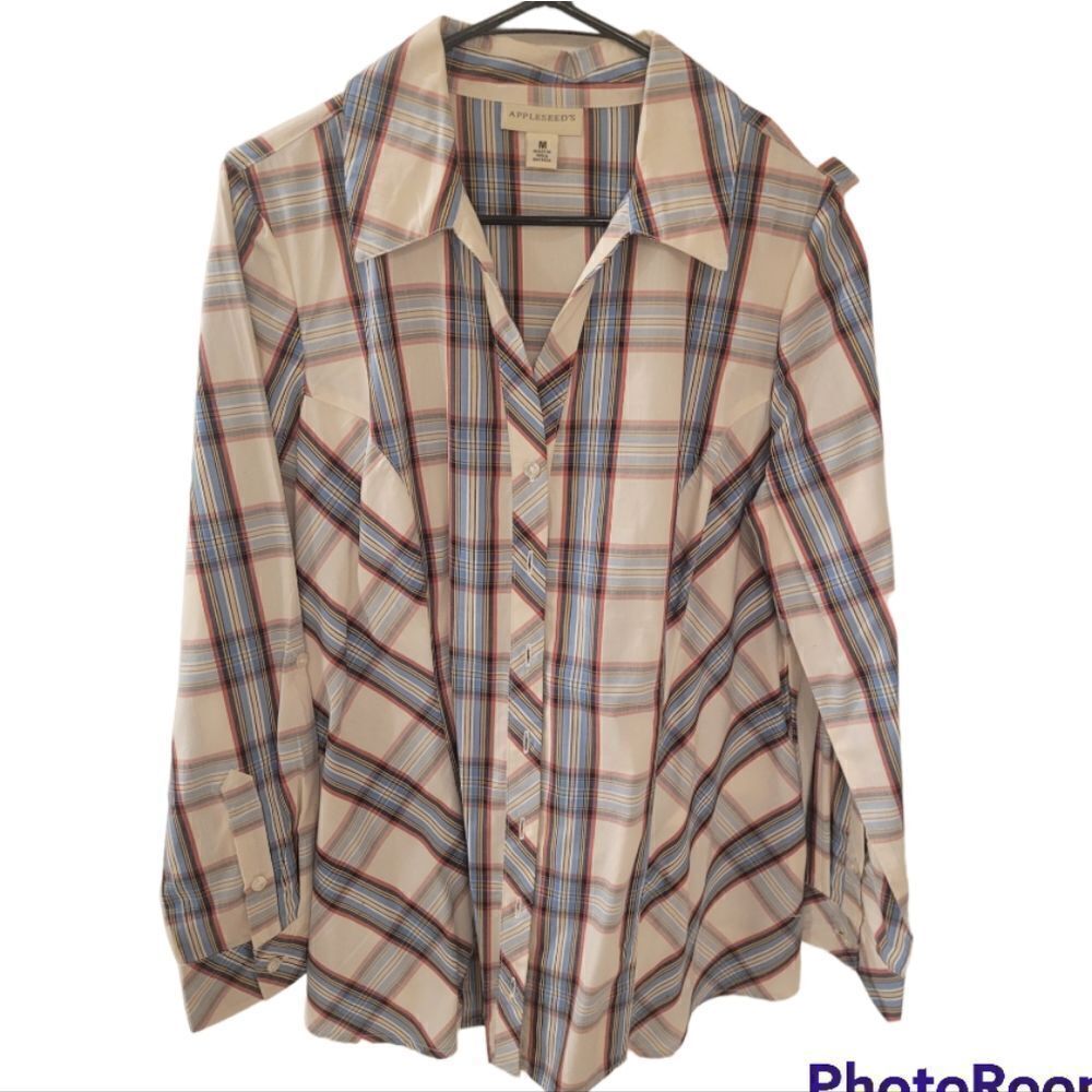 #22 Appleseed's Plaid 100% Cotton Button Down Blouse, Size M